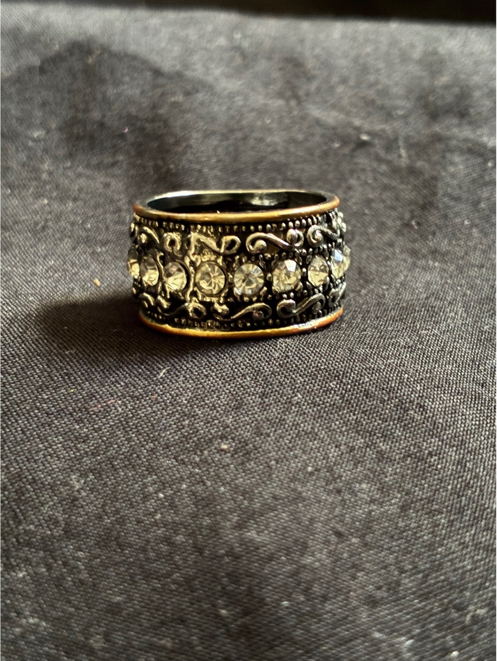 Boho Two-Tone Rhinestone Wide Band Ring - Floral Scroll Design size 8